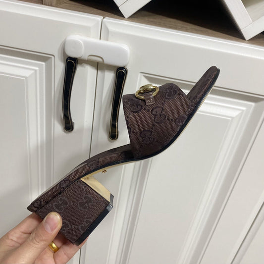 GG 26SS Chunky Heeled Sandals 65 Dark Brown Canvas Leather 640623