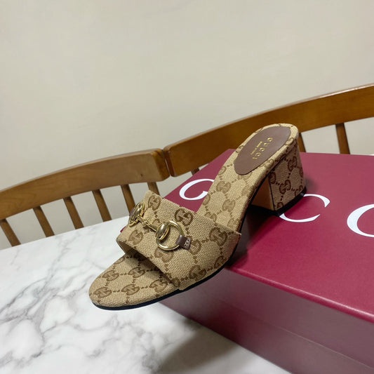 GG 26SS Chunky Heeled Sandals 65 Beige Brown Canvas Leather 640622