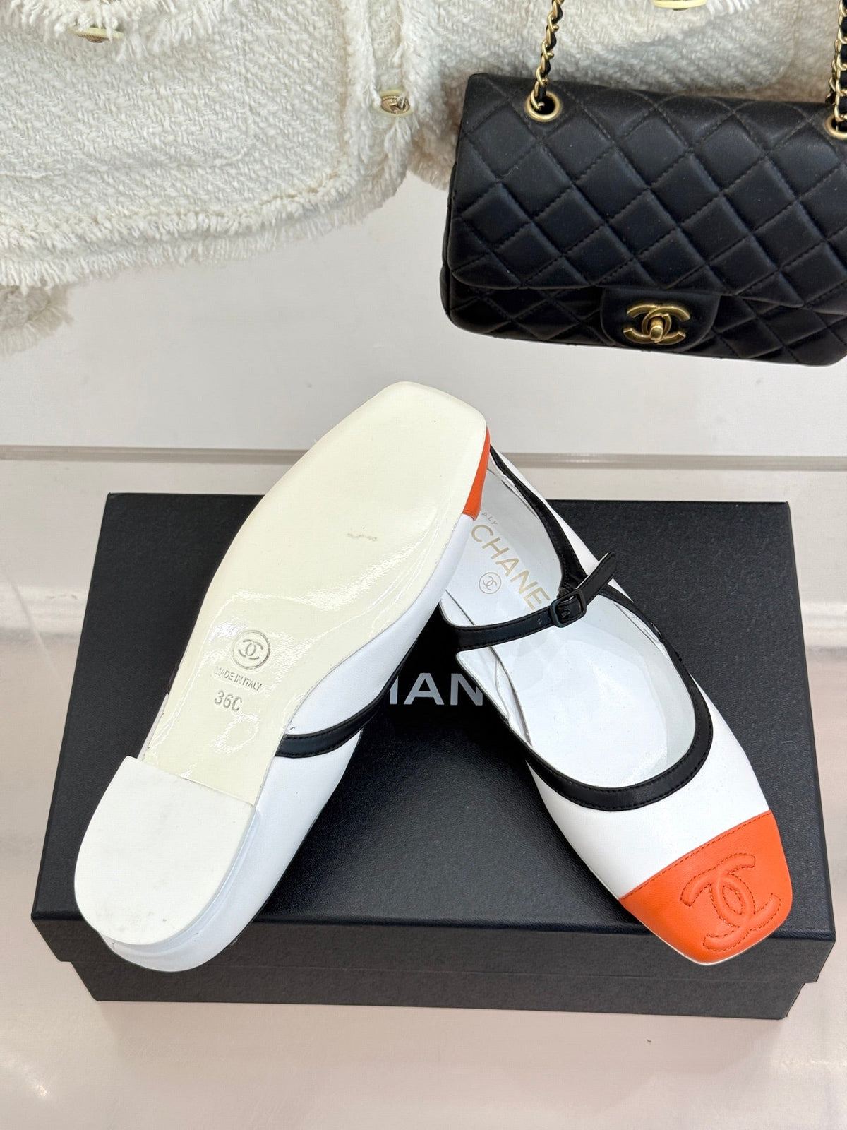 CC 26s Square-Toe Mary Jane Shoes Orange White Leather 920420