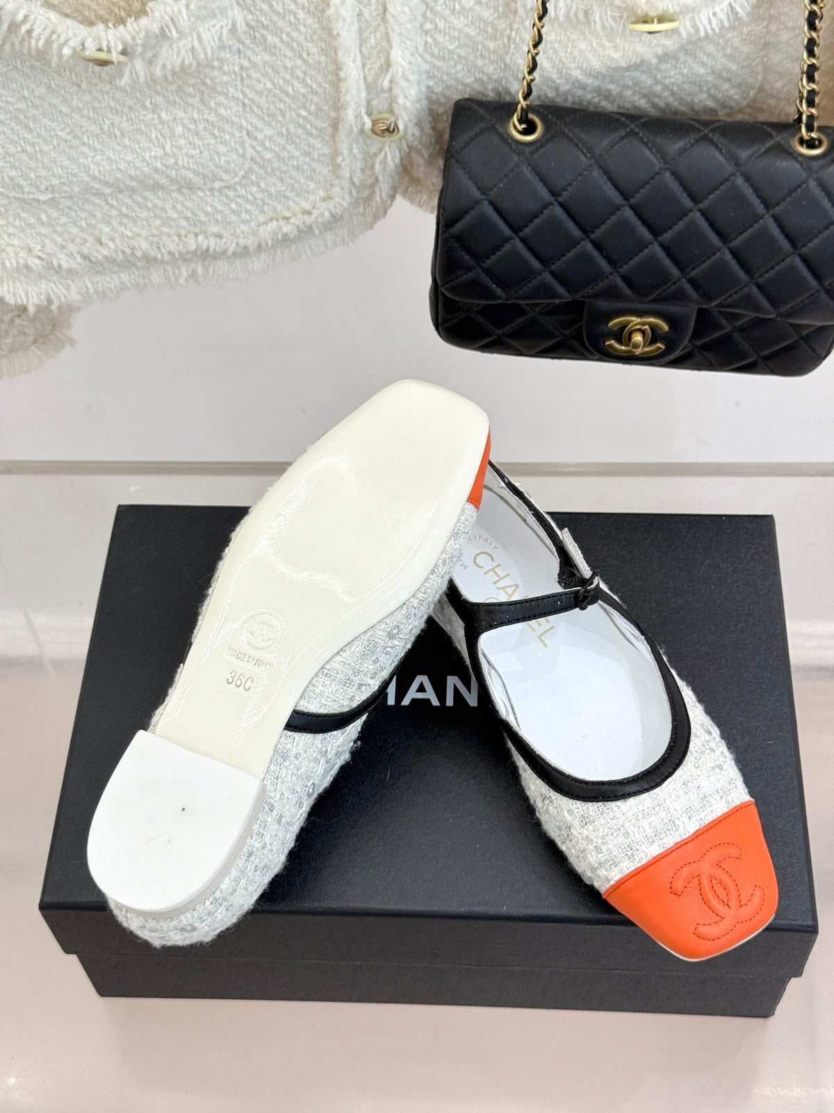 CC 26s Square-Toe Mary Jane Shoes Orange White Tweed Leather 920424