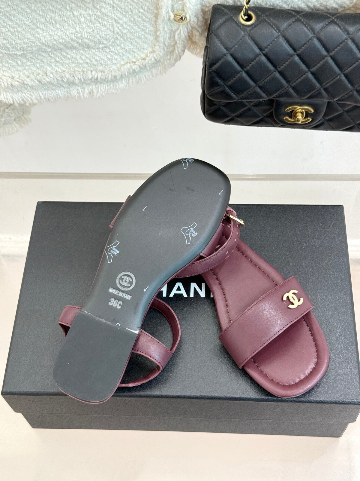 CC 26s Strap Flat Sandals Burgundy Lambskin 920331