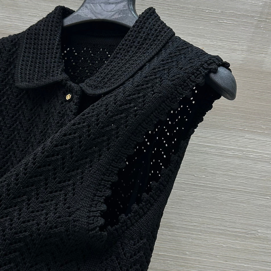 Gucci 25 Hollow Knitted Polo Vest Dress Black Polyester Fiber
