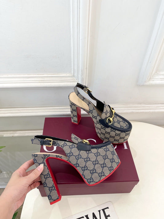 GG 26SS Platform Sandals 130 Gray Blue Monogram Fabric Sheepskin 640266