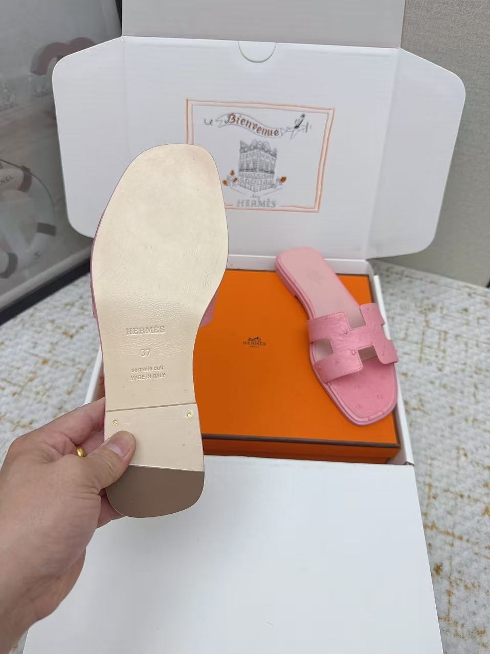HM 2025 Oran Sandal Pink Ostrich Embossed Calfskin