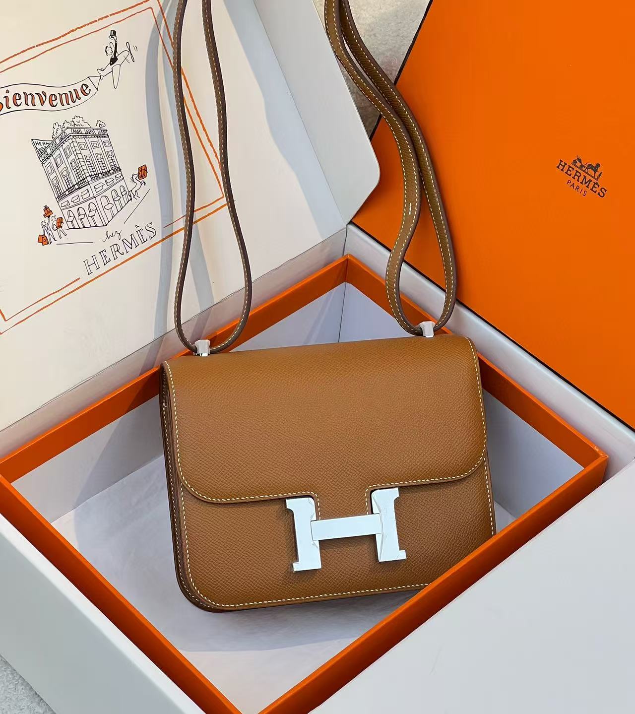 HM CONSTANCE BAGS 22 RUSSET EPSOM SLIVER HARDWARE