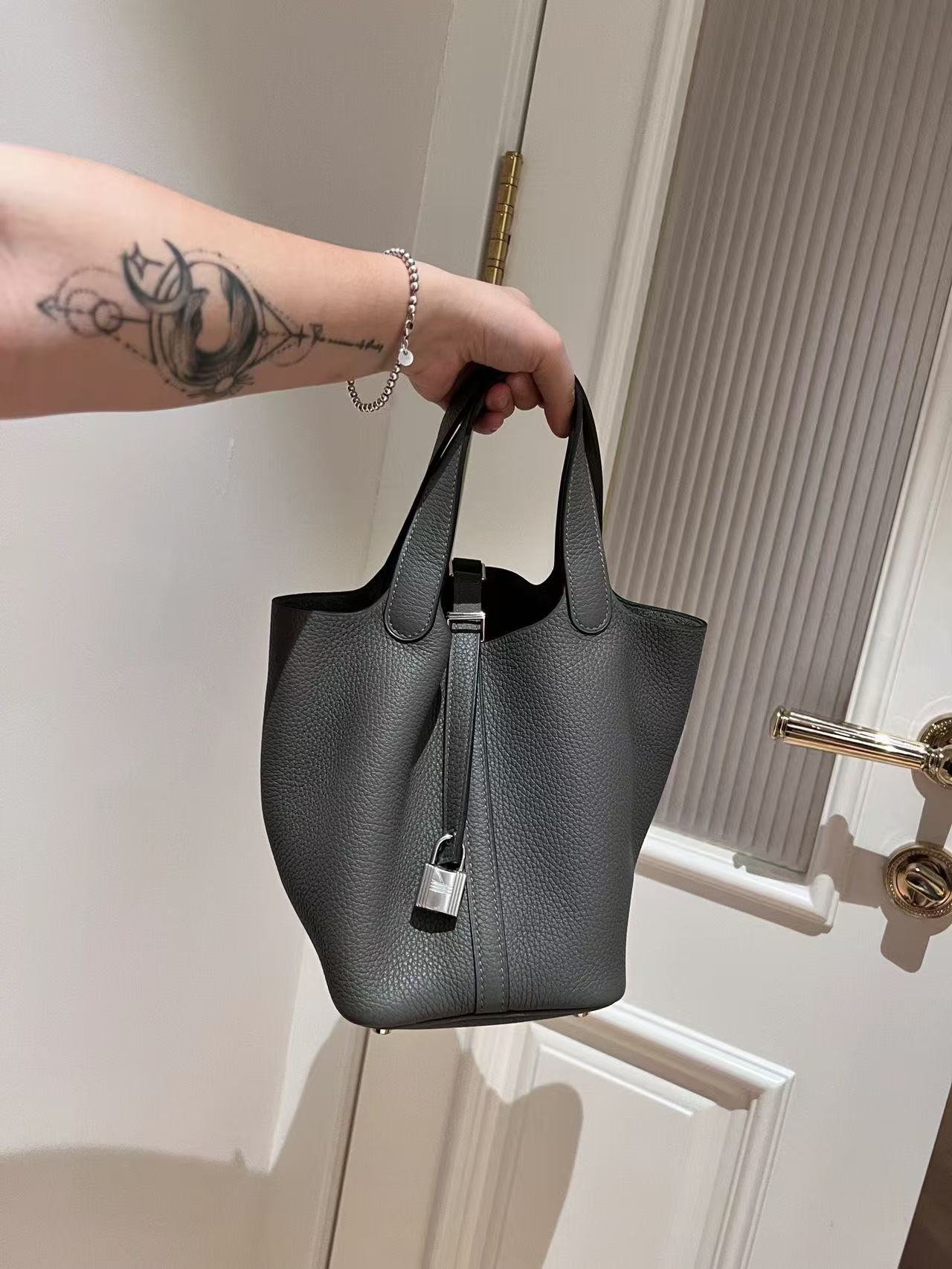 HM Picotin Lock 18 Bag Grey Cowhide