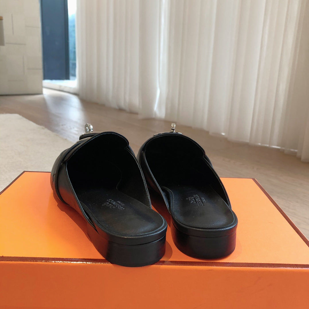 Hermes Oz Mule Black Silver Cowhide 756842