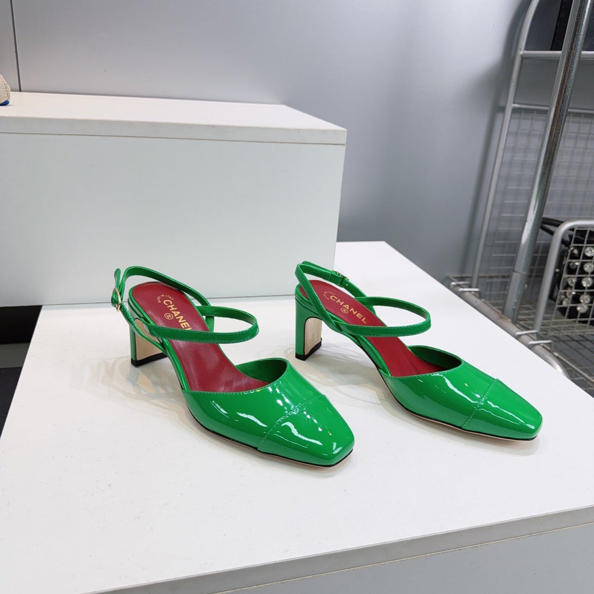 CC Block Heel Slingback Pumps 6.5cm Green Patent Calfskin Leather 842770