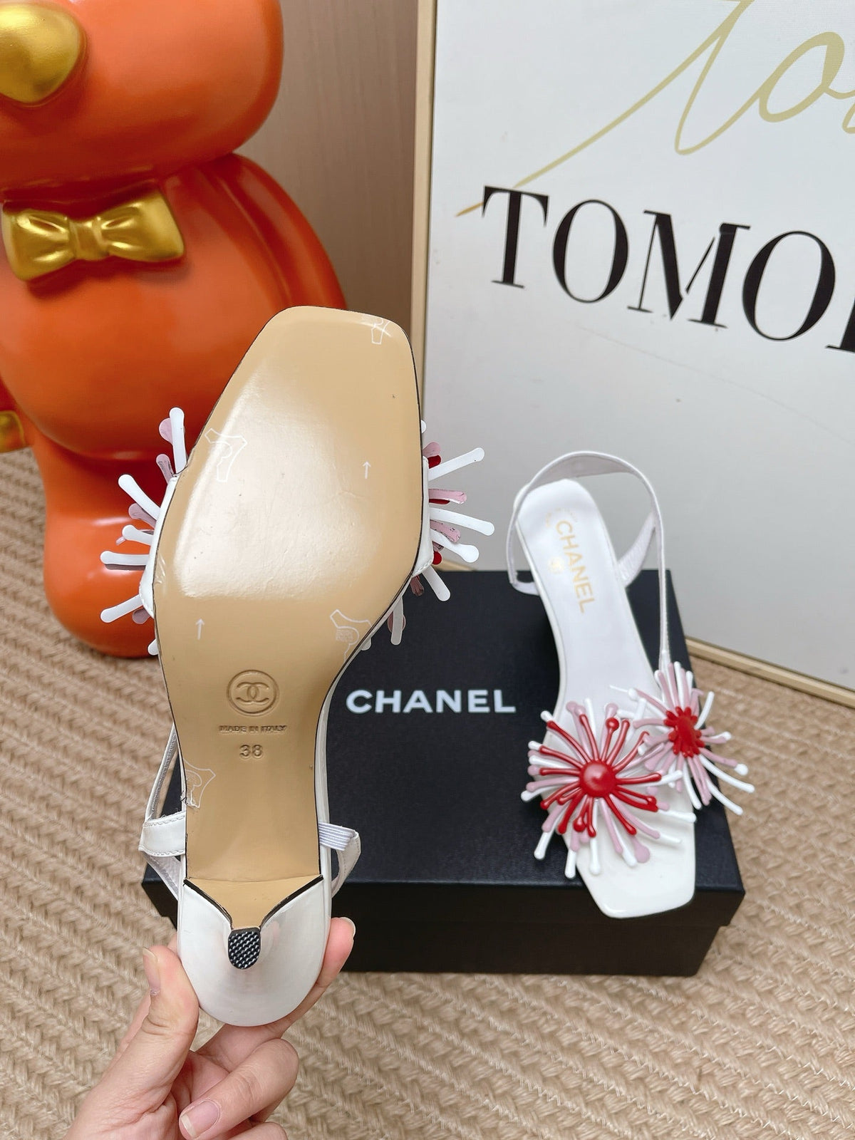 CC Floral Square-Toe Slingback Pumps White Patent Lambskin 854578