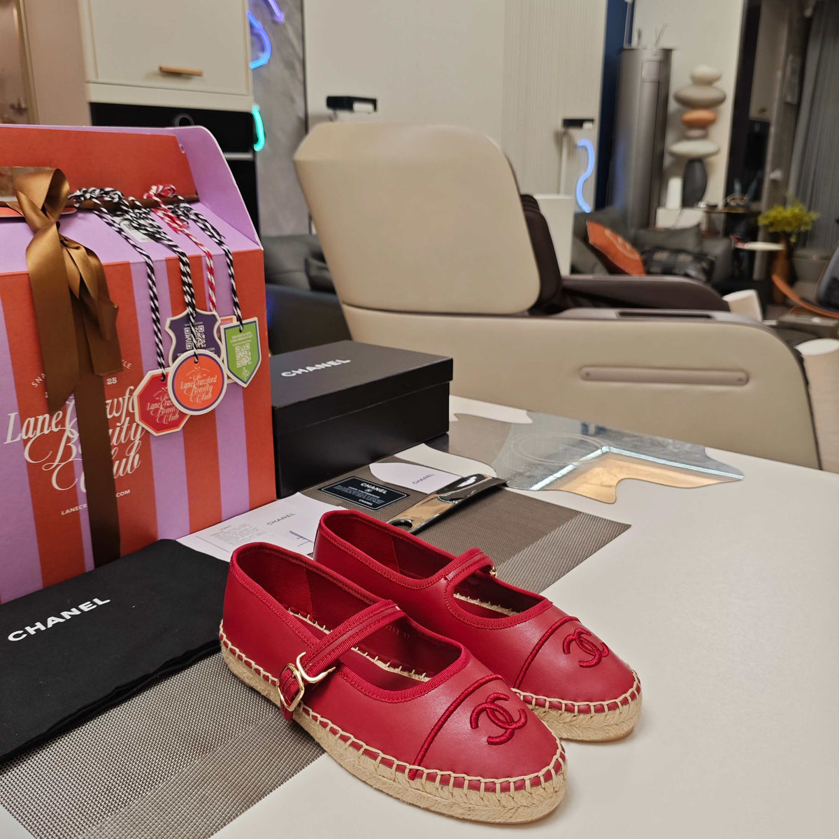 CC Espadrilles Red Lambskin Leather Jute Sole 855753