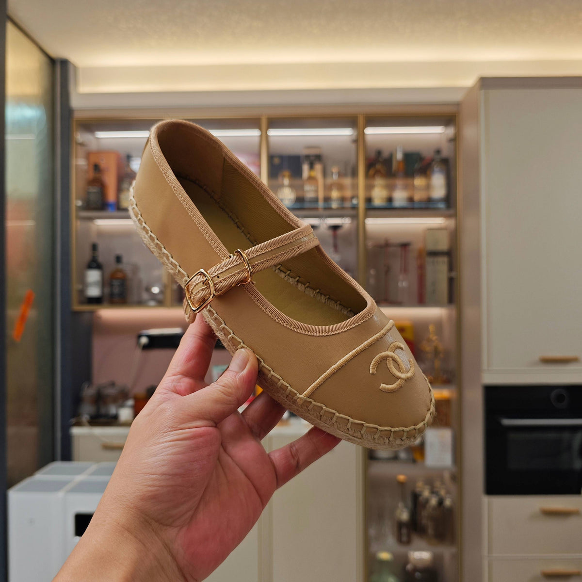 CC Espadrilles Beige Lambskin Leather Jute Sole 855752