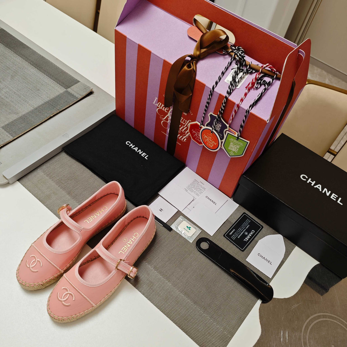 CC Espadrilles Pink Lambskin Leather Jute Sole 855751