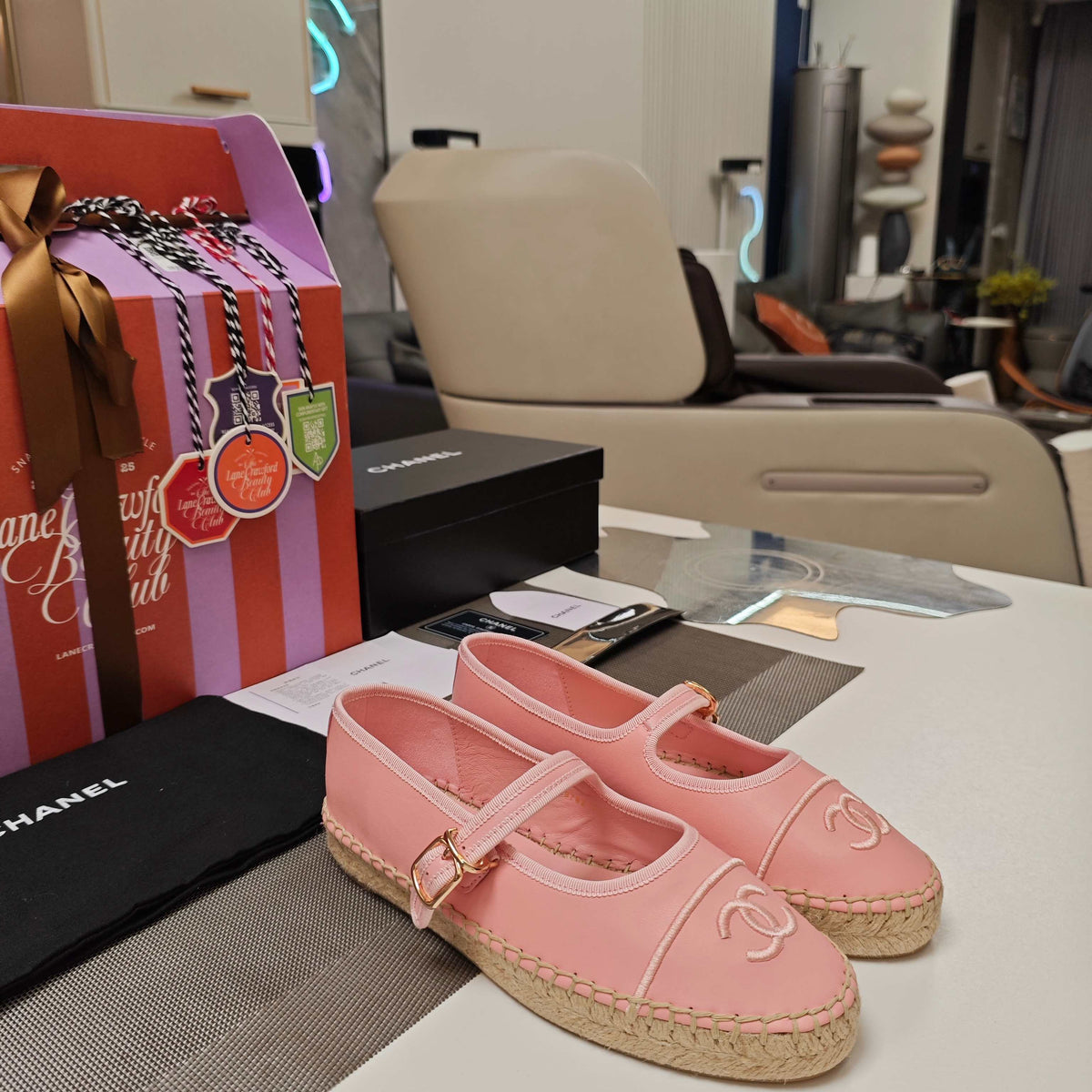 CC Espadrilles Pink Lambskin Leather Jute Sole 855751