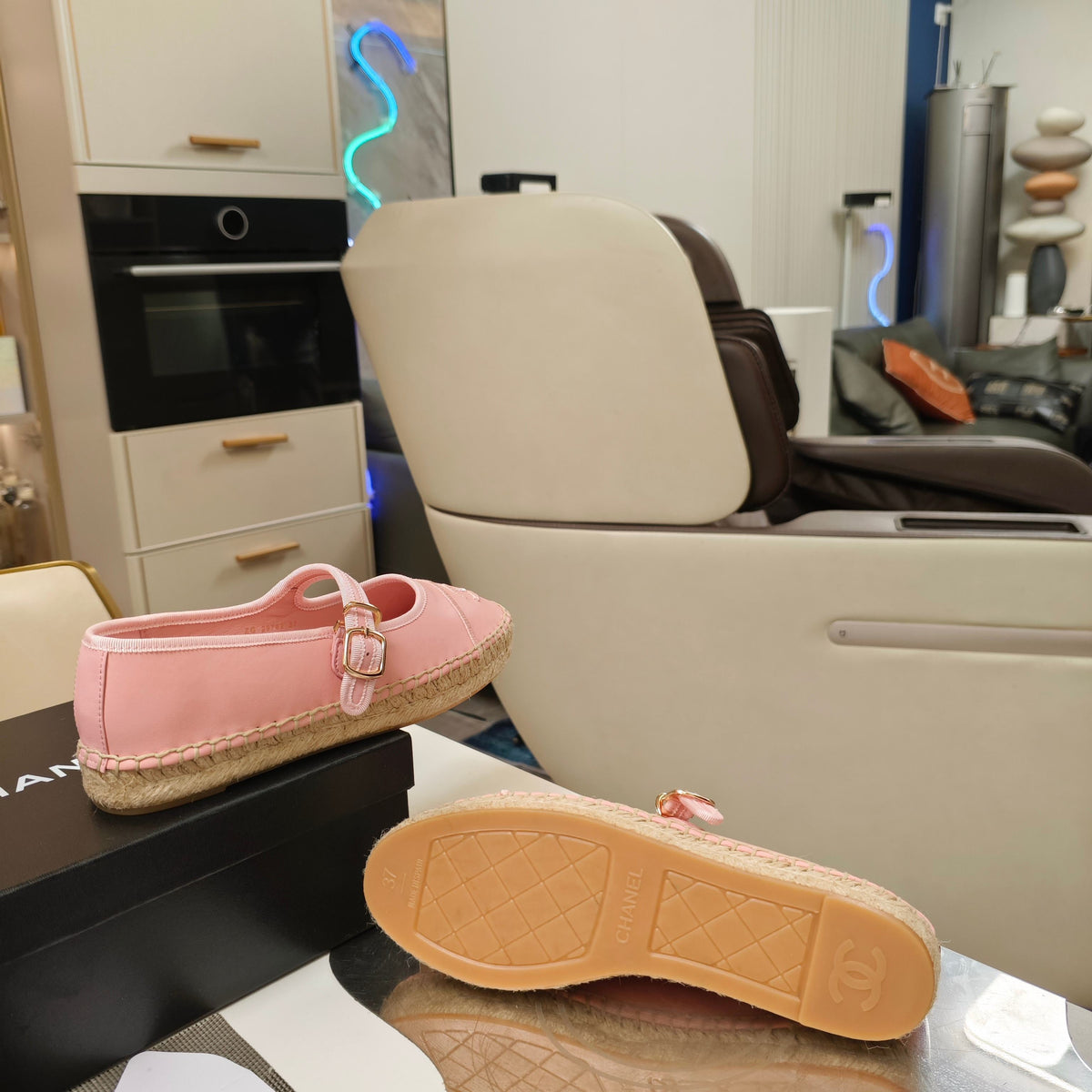 CC Espadrilles Pink Lambskin Leather Jute Sole 855751