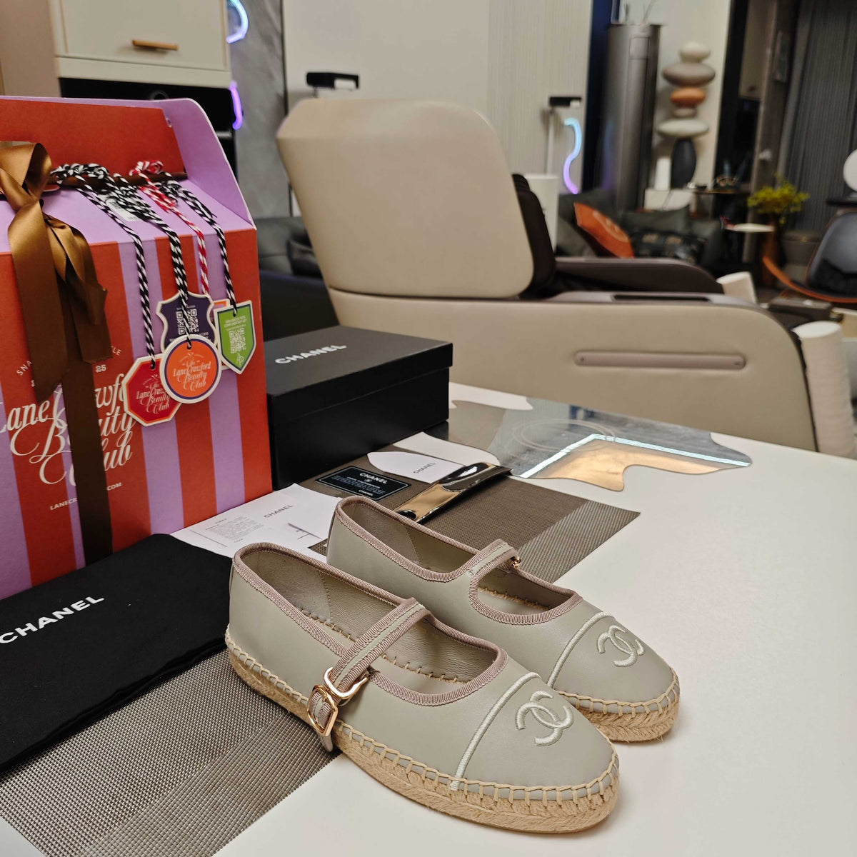 CC Espadrilles Grey Lambskin Leather Jute Sole 855750