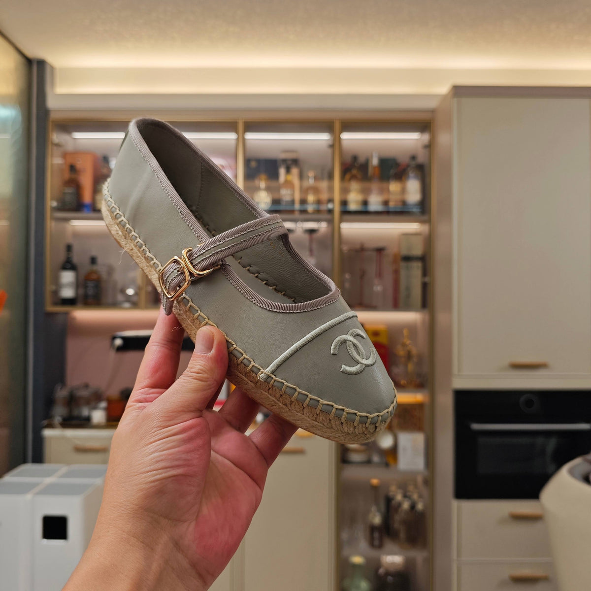 CC Espadrilles Grey Lambskin Leather Jute Sole 855750