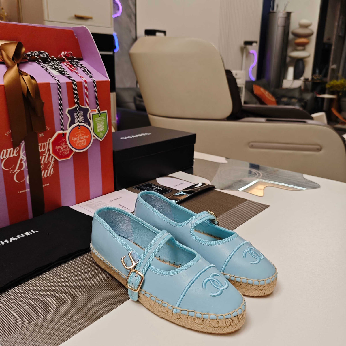 CC Espadrilles Blue Lambskin Leather Jute Sole 855749