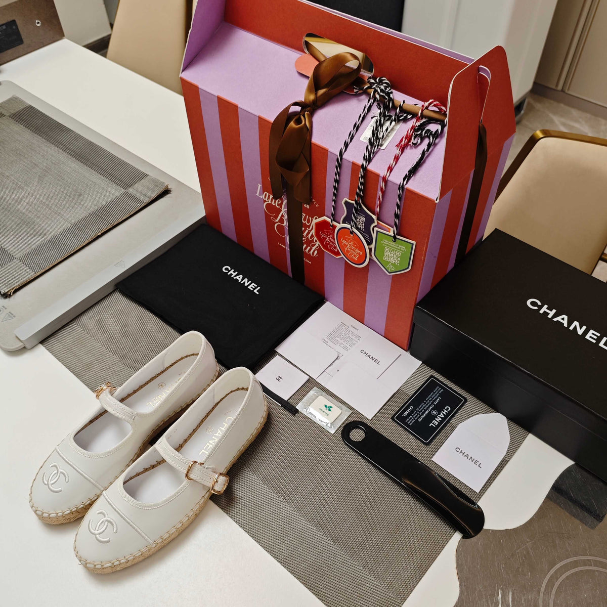 CC Espadrilles White Lambskin Leather Jute Sole 855748