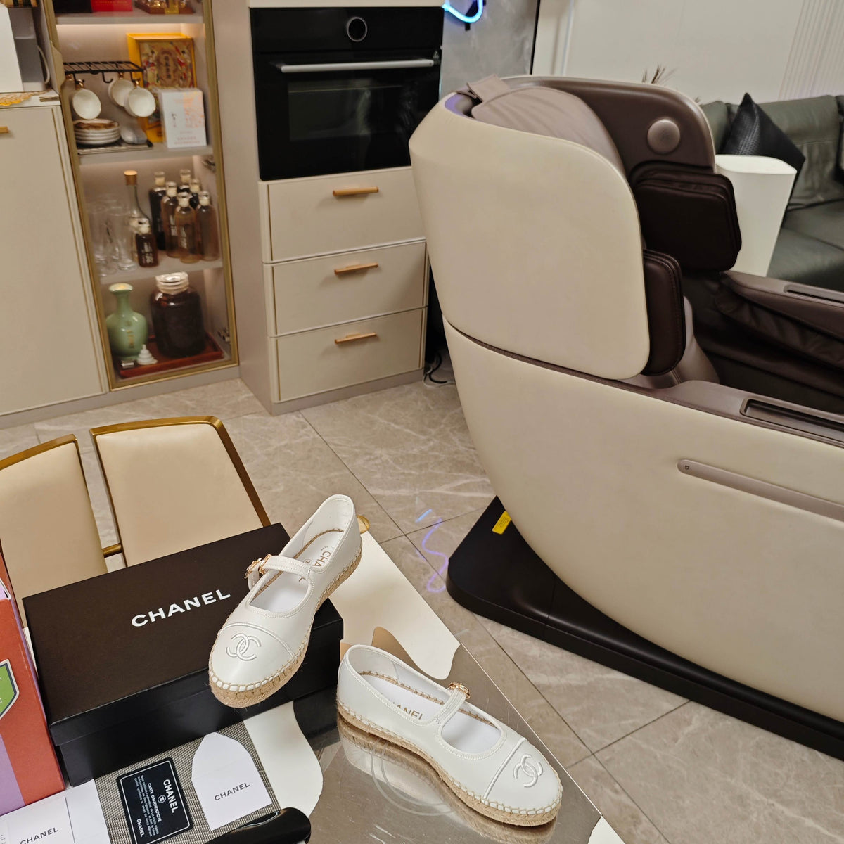 CC Espadrilles White Lambskin Leather Jute Sole 855748