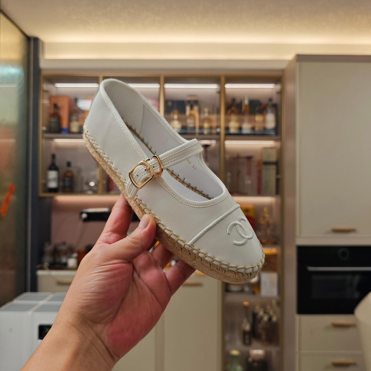 CC Espadrilles White Lambskin Leather Jute Sole 855748