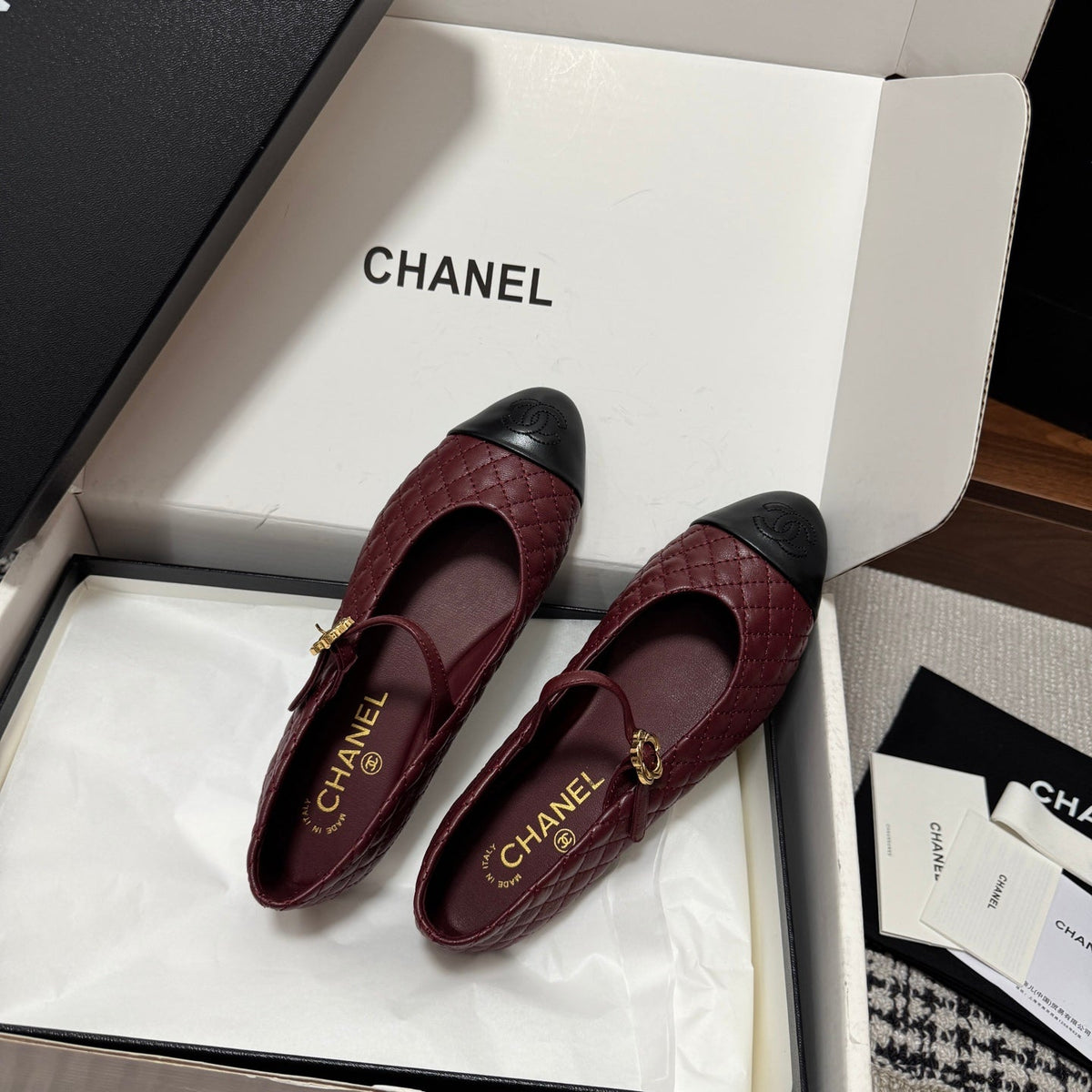 CC 25SS Mary Jane Quilted Burgundy Black Lambskin Leather 862427