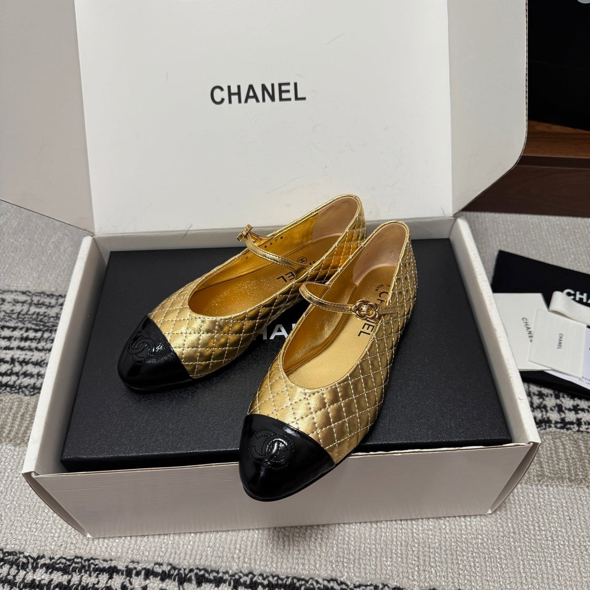 CC 25SS Mary Jane Quilted Gold Black Metallic Lambskin Leather 862425