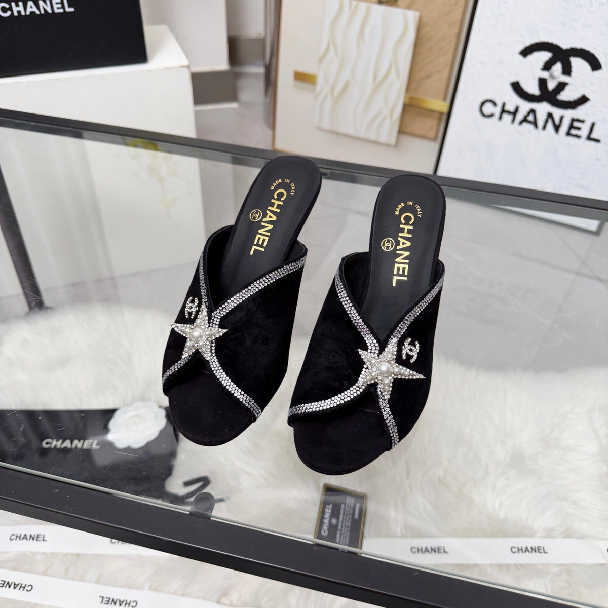 CC Star Brooch Mules Black Cashmere Leather 872824