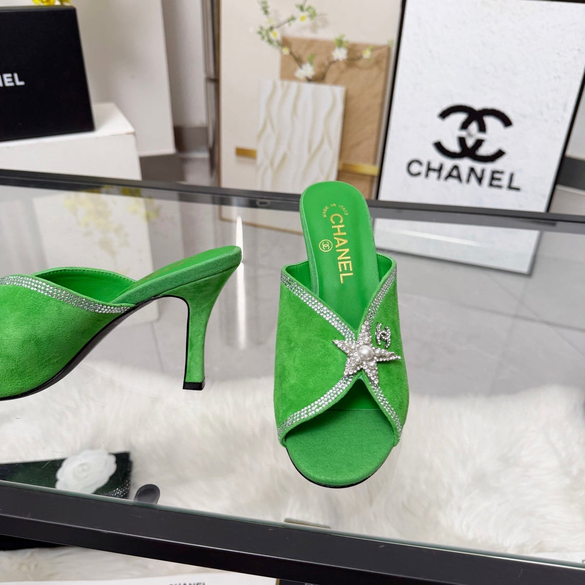 CC Star Brooch Mules Green Cashmere Leather 872820