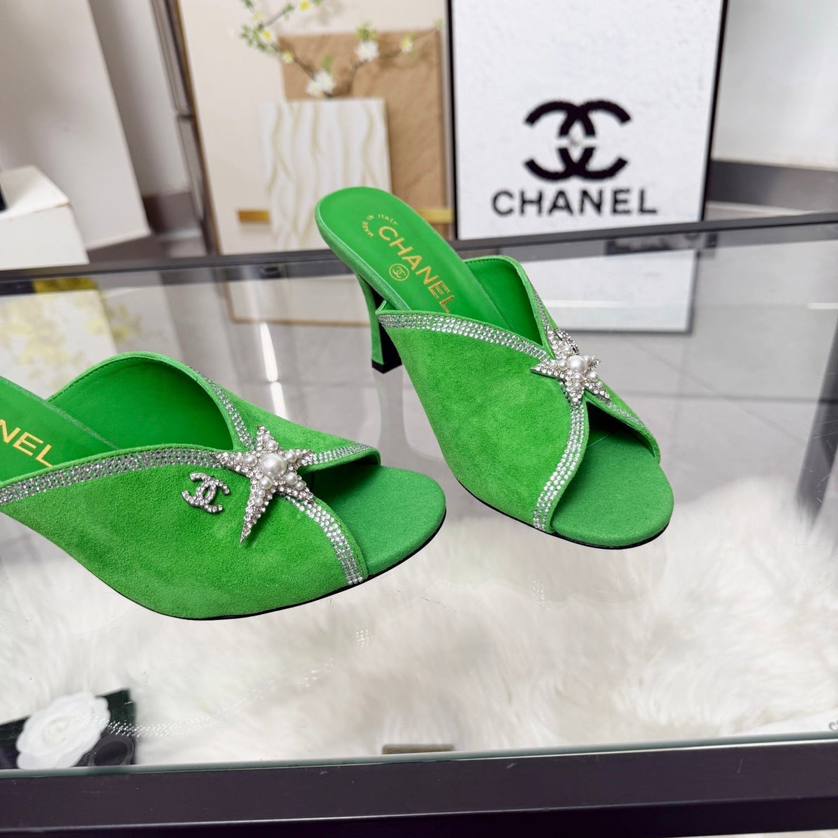 CC Star Brooch Mules Green Cashmere Leather 872820
