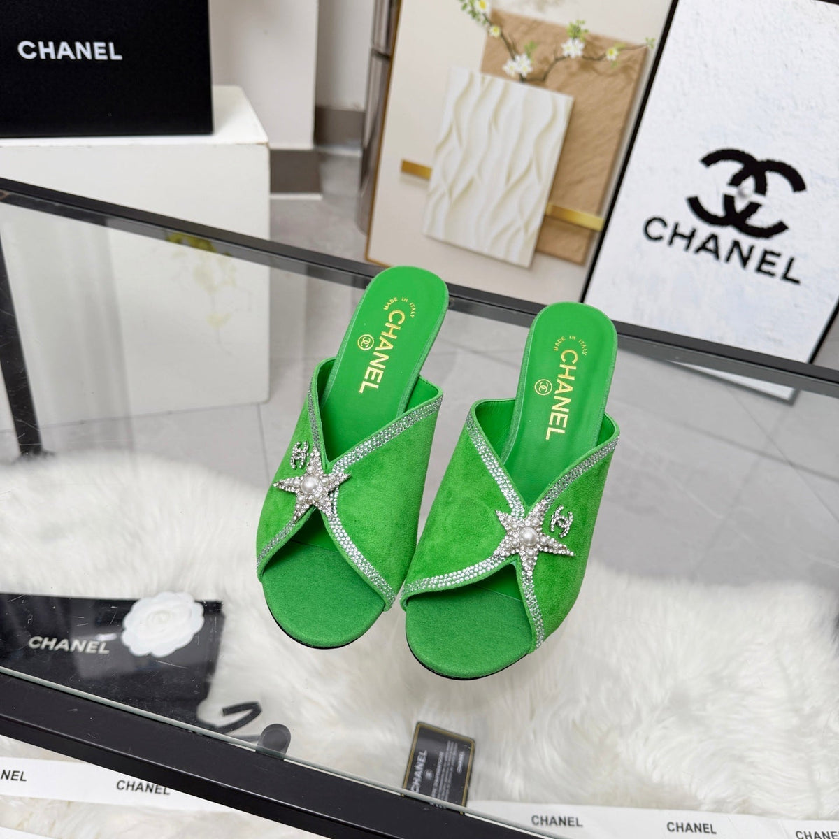 CC Star Brooch Mules Green Cashmere Leather 872820