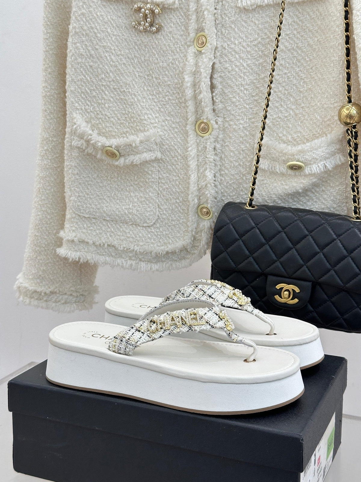 CC Crystal Logo Platform Thong Sandals White Tweed 887787