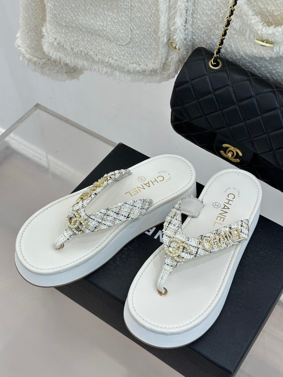 CC Crystal Logo Platform Thong Sandals White Tweed 887787