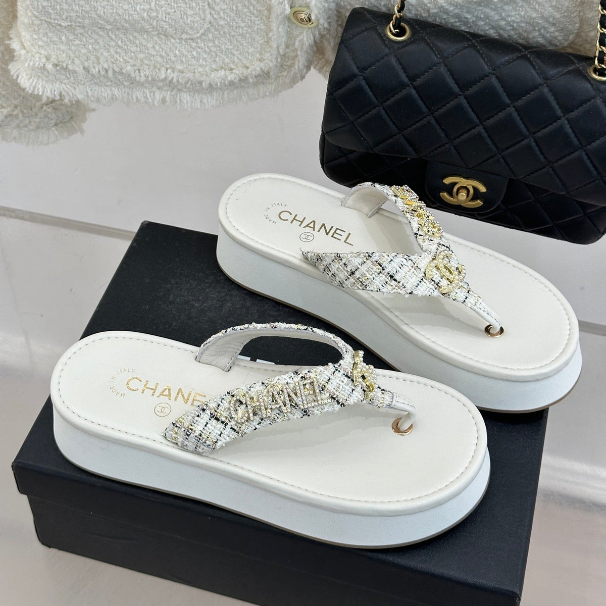 CC Crystal Logo Platform Thong Sandals White Tweed 887787