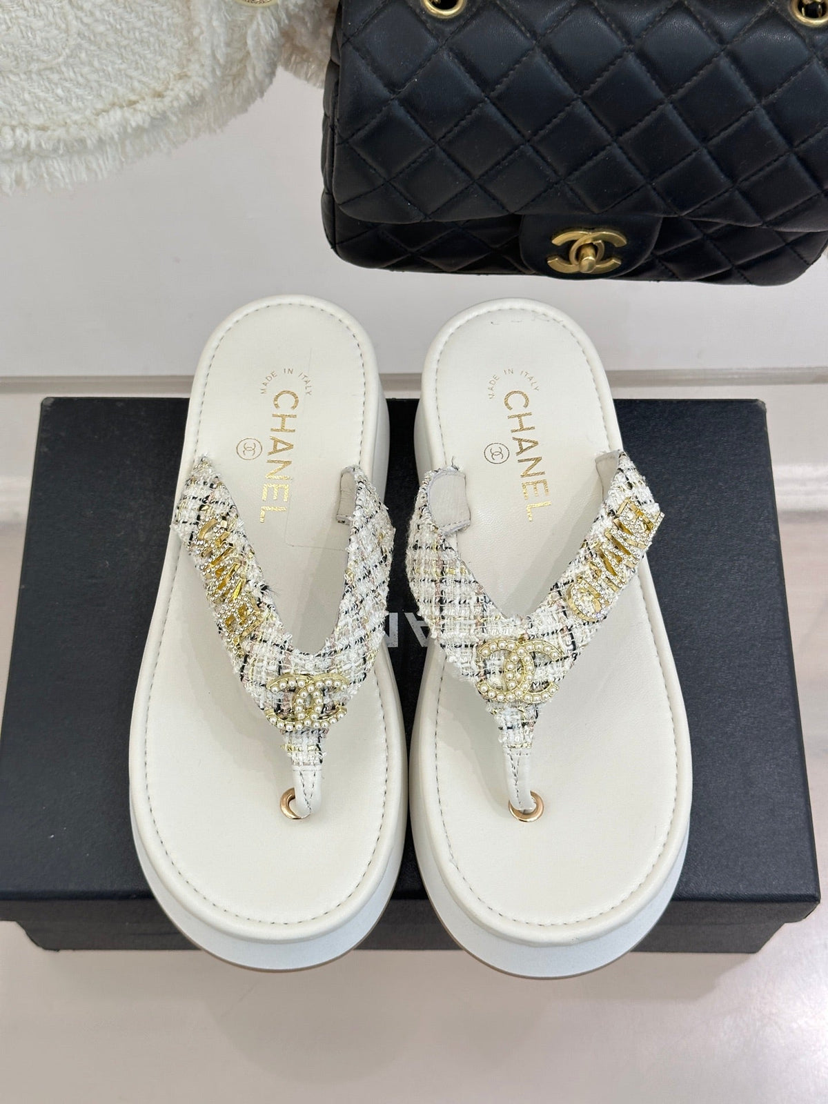 CC Crystal Logo Platform Thong Sandals White Tweed 887787