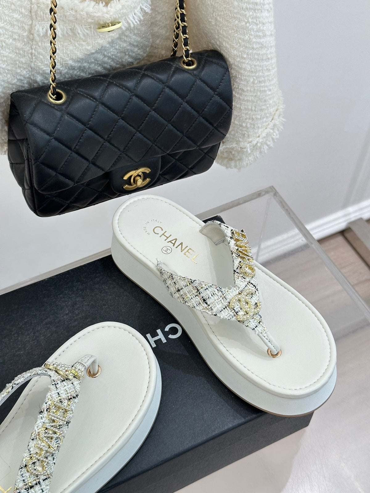 CC Crystal Logo Platform Thong Sandals White Tweed 887787