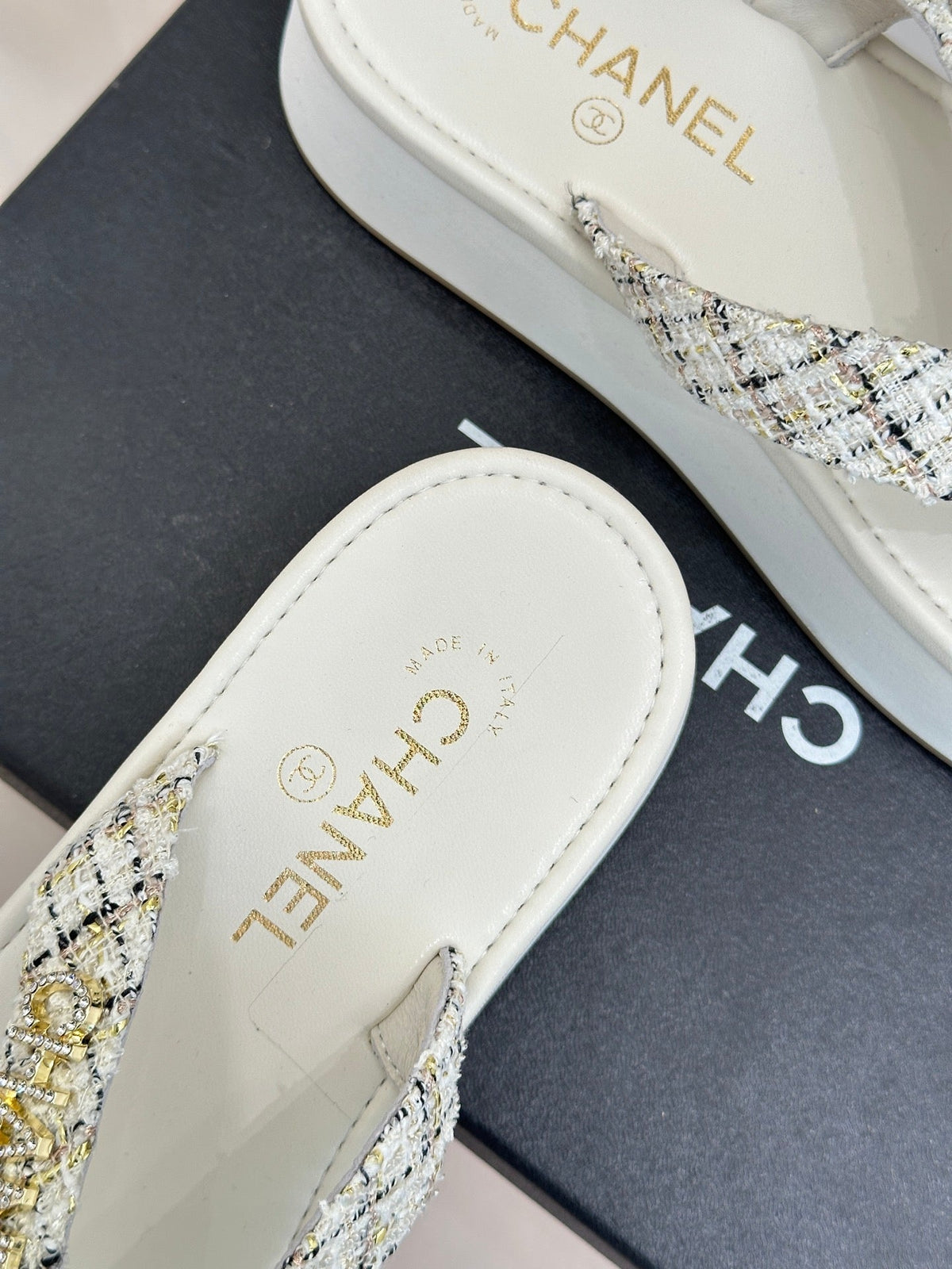 CC Crystal Logo Platform Thong Sandals White Tweed 887787