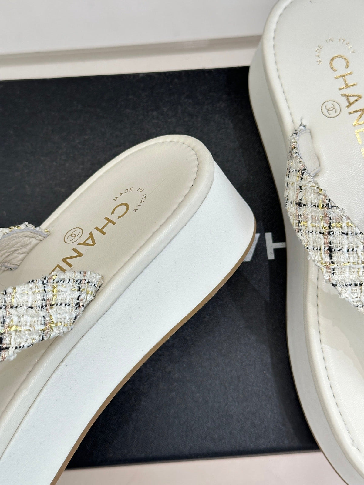 CC Crystal Logo Platform Thong Sandals White Tweed 887787