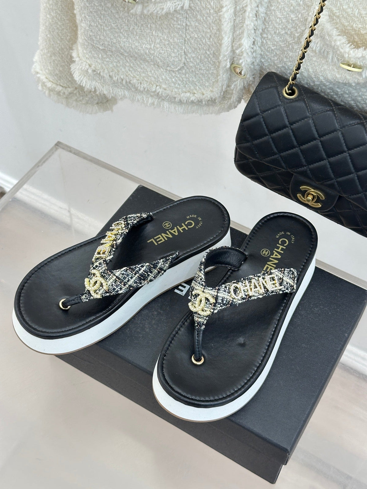 CC Crystal Logo Platform Thong Sandals Black Tweed 887786