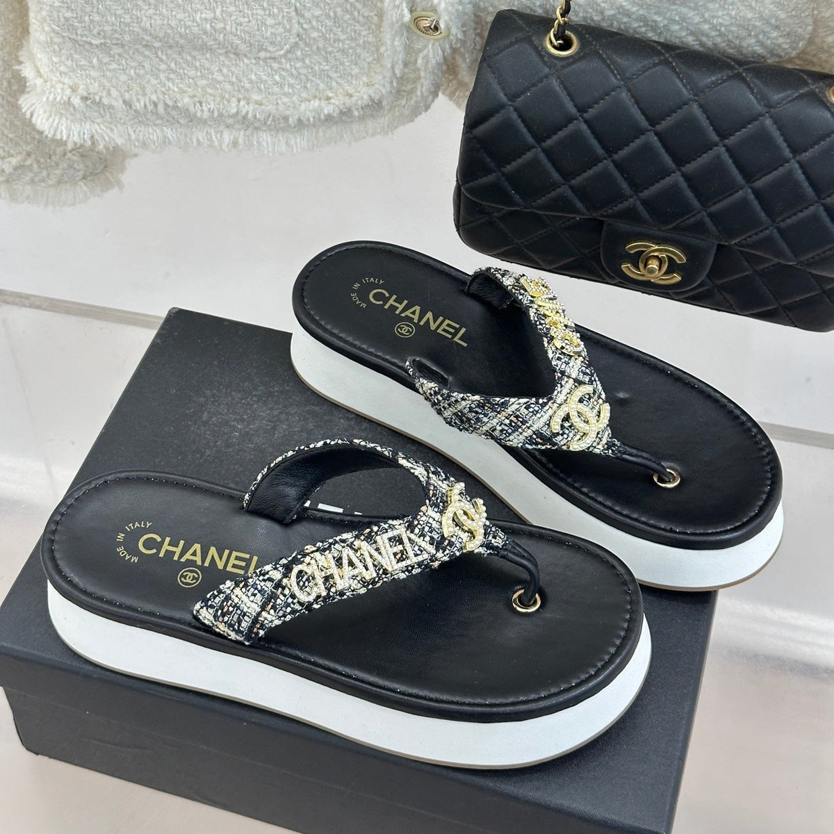 CC Crystal Logo Platform Thong Sandals Black Tweed 887786