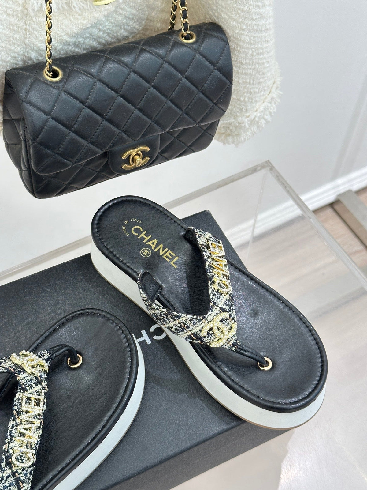 CC Crystal Logo Platform Thong Sandals Black Tweed 887786