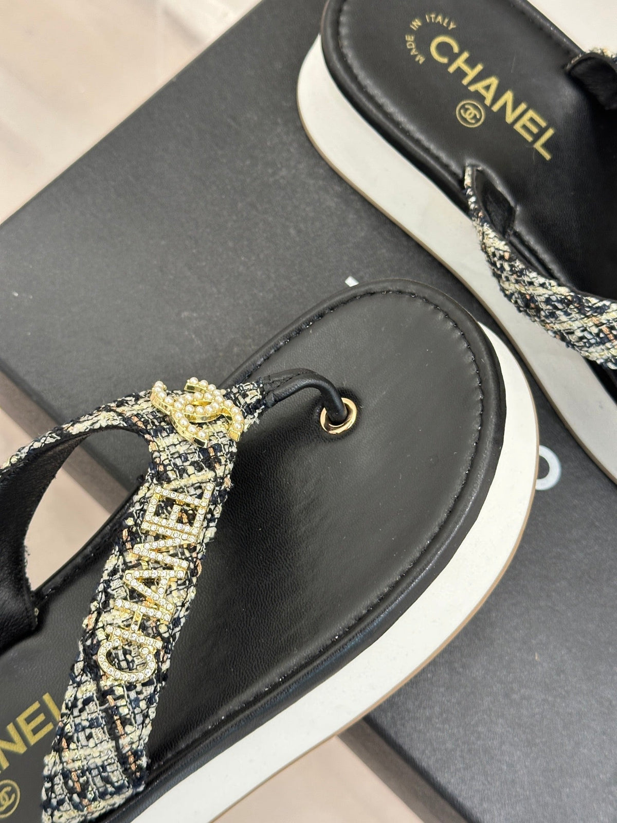 CC Crystal Logo Platform Thong Sandals Black Tweed 887786