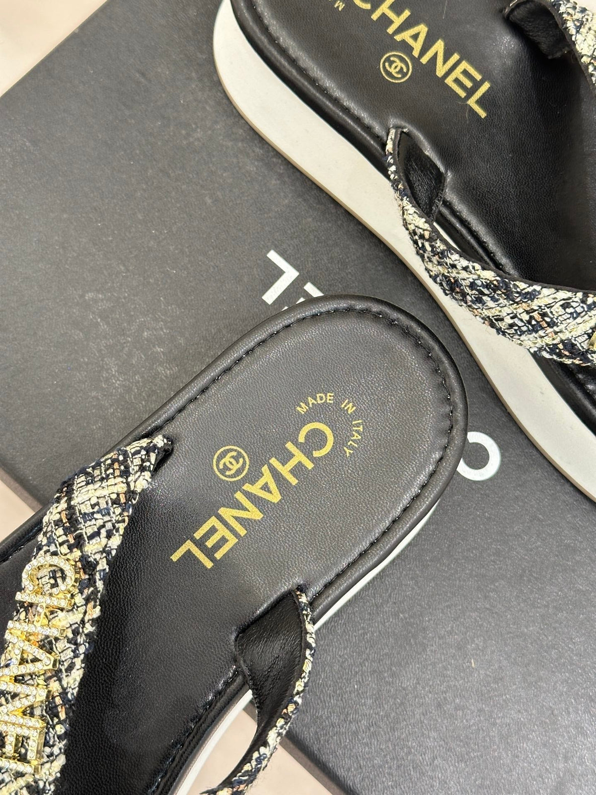CC Crystal Logo Platform Thong Sandals Black Tweed 887786