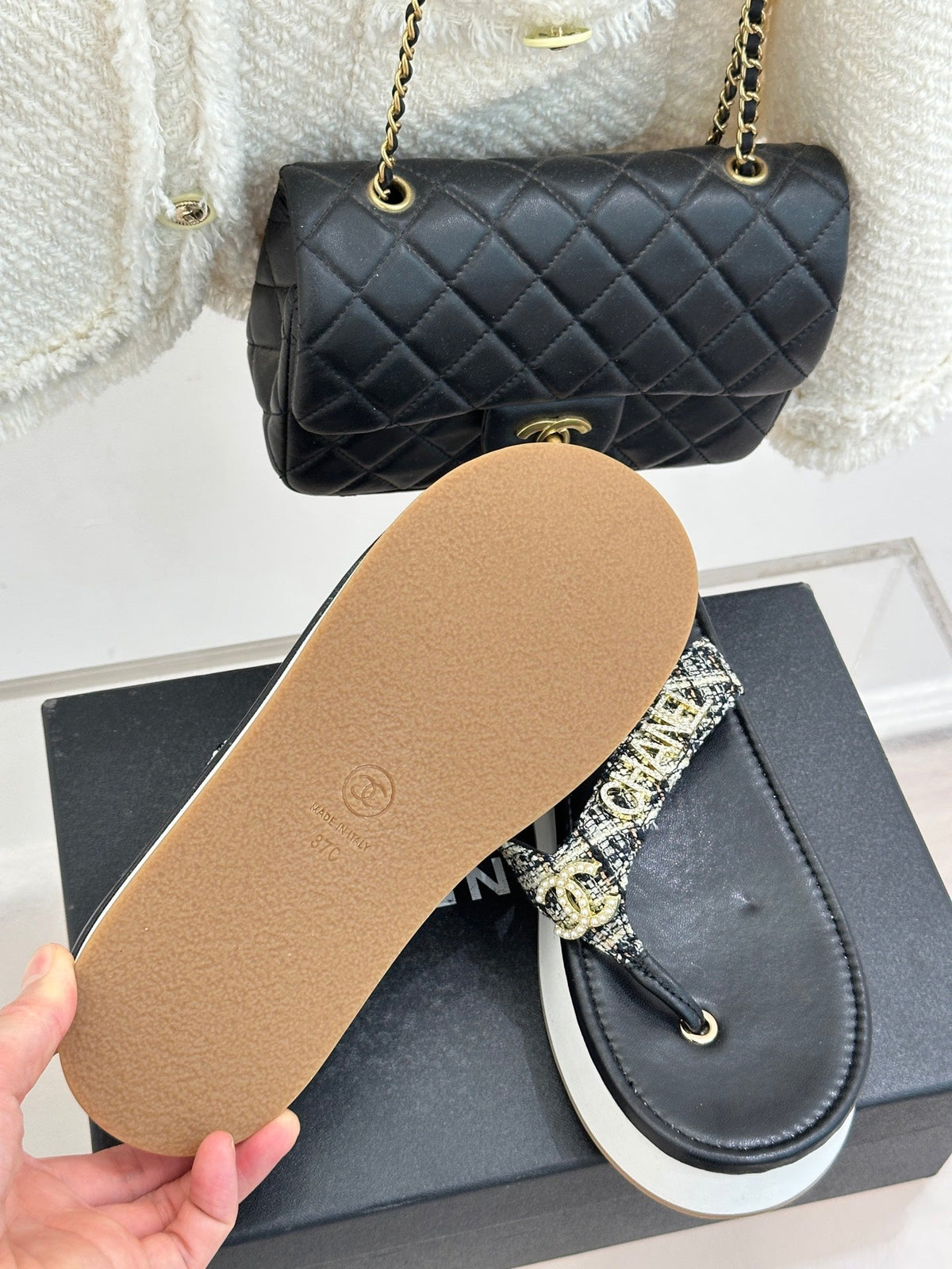 CC Crystal Logo Platform Thong Sandals Black Tweed 887786