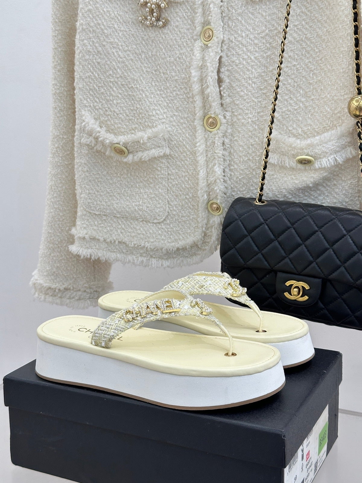 CC Crystal Logo Platform Thong Sandals Light Yellow Tweed 887785