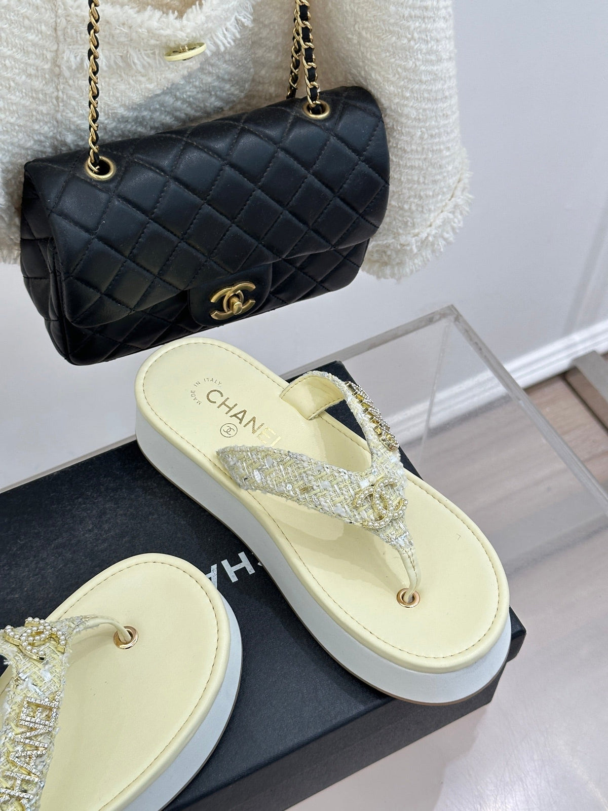 CC Crystal Logo Platform Thong Sandals Light Yellow Tweed 887785