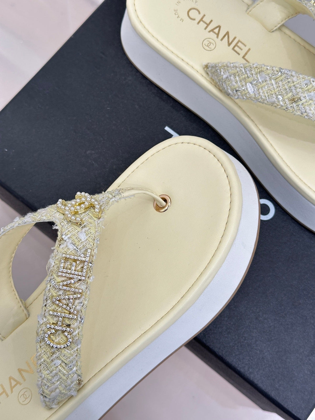 CC Crystal Logo Platform Thong Sandals Light Yellow Tweed 887785