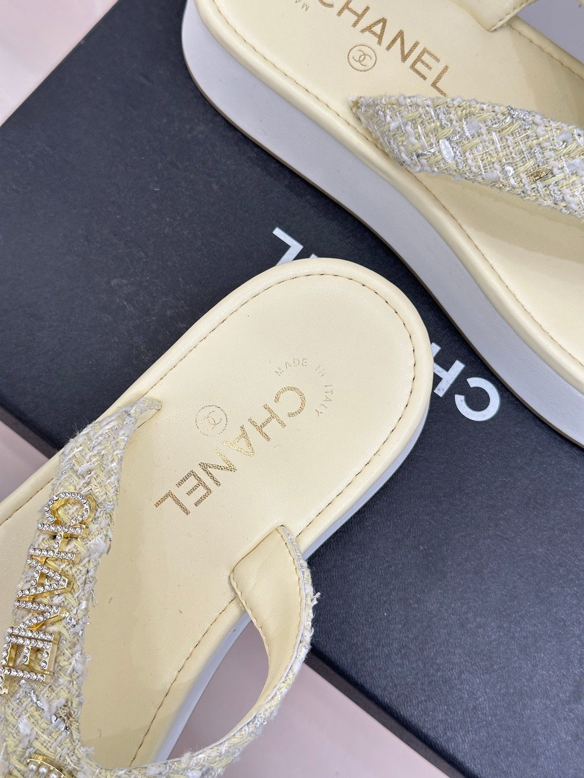 CC Crystal Logo Platform Thong Sandals Light Yellow Tweed 887785
