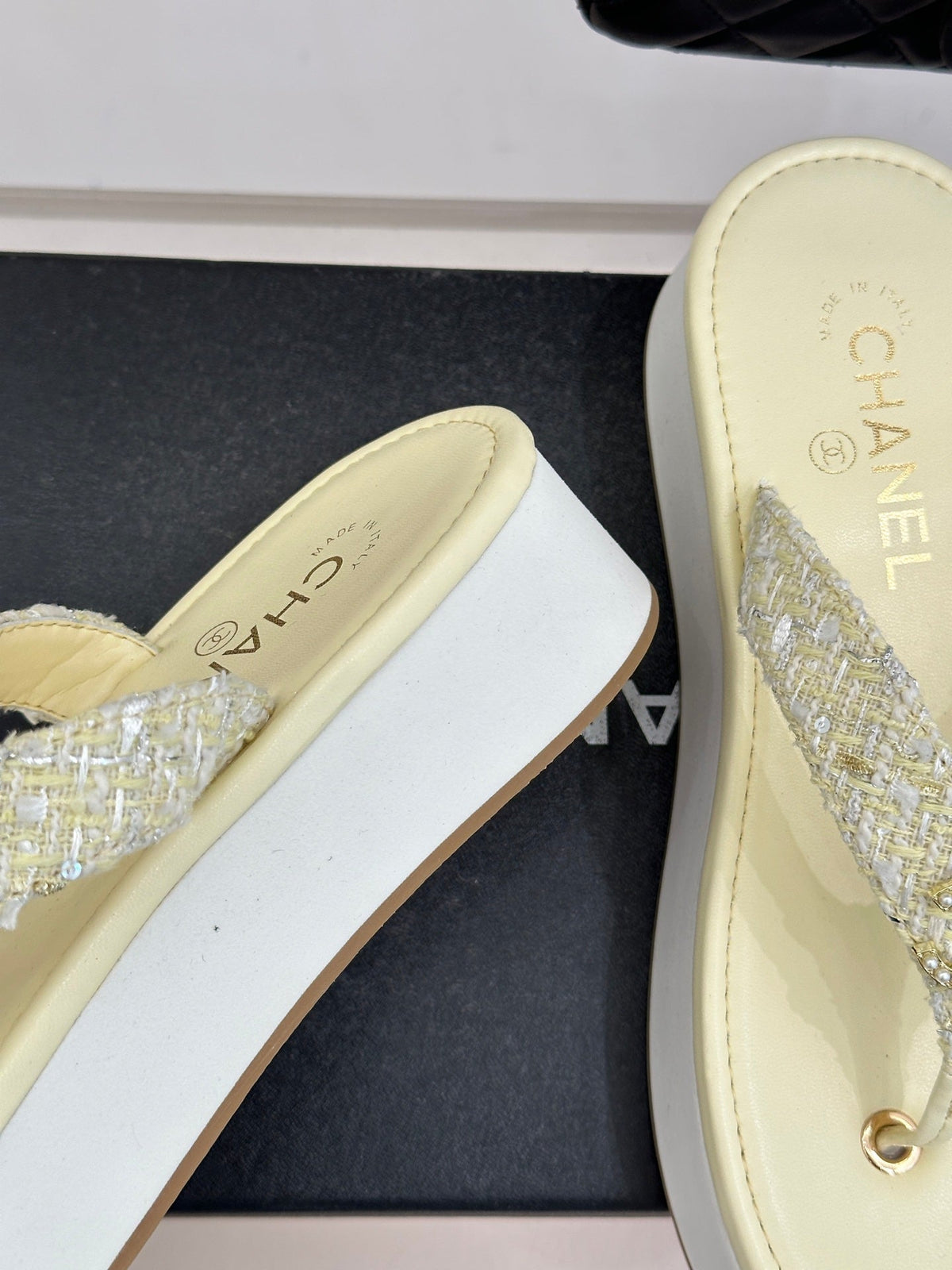 CC Crystal Logo Platform Thong Sandals Light Yellow Tweed 887785