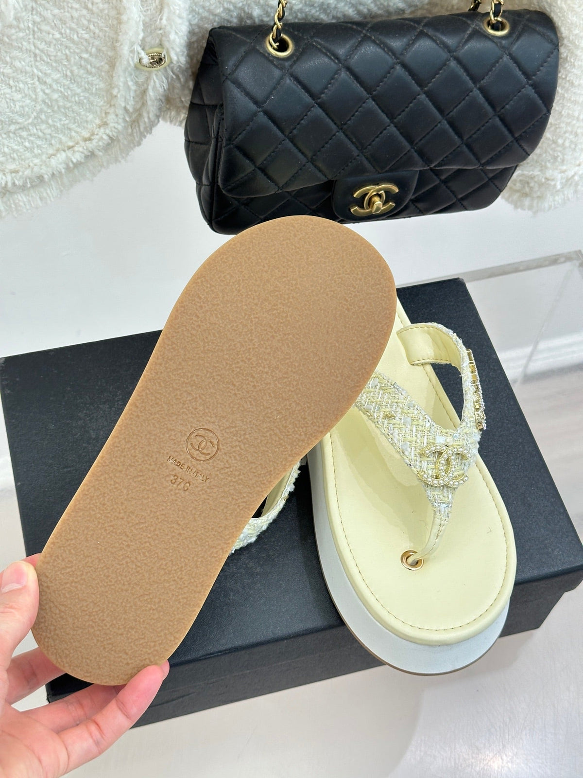 CC Crystal Logo Platform Thong Sandals Light Yellow Tweed 887785
