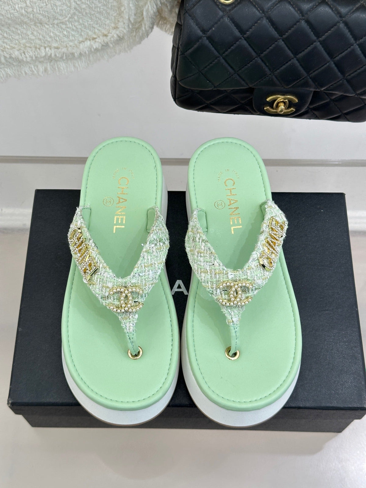 CC Crystal Logo Platform Thong Sandals Lime Green Tweed 887784